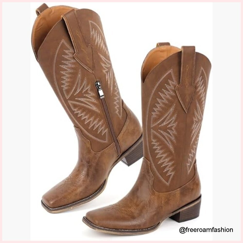 Square Toe Western Boots Mid Calf Heeled Embroidered Faux Leather Zip